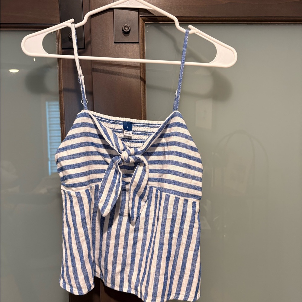 Old Navy White and Blue Smocked Tie Front Camisole